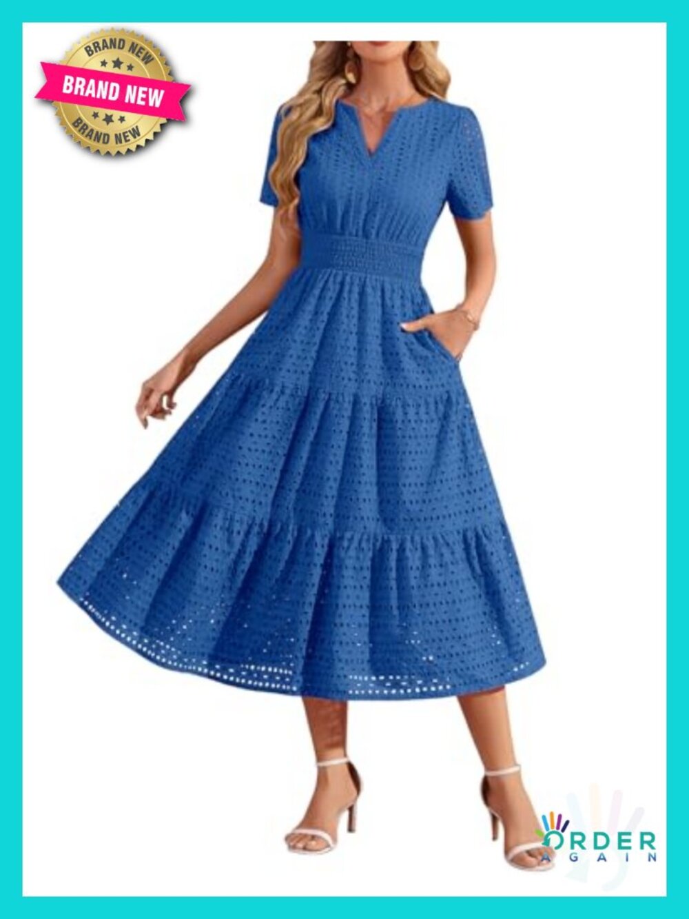 Women's Eyelet Short Sleeve Midi Dress Smocked V Neck Casual Dress with Pocket